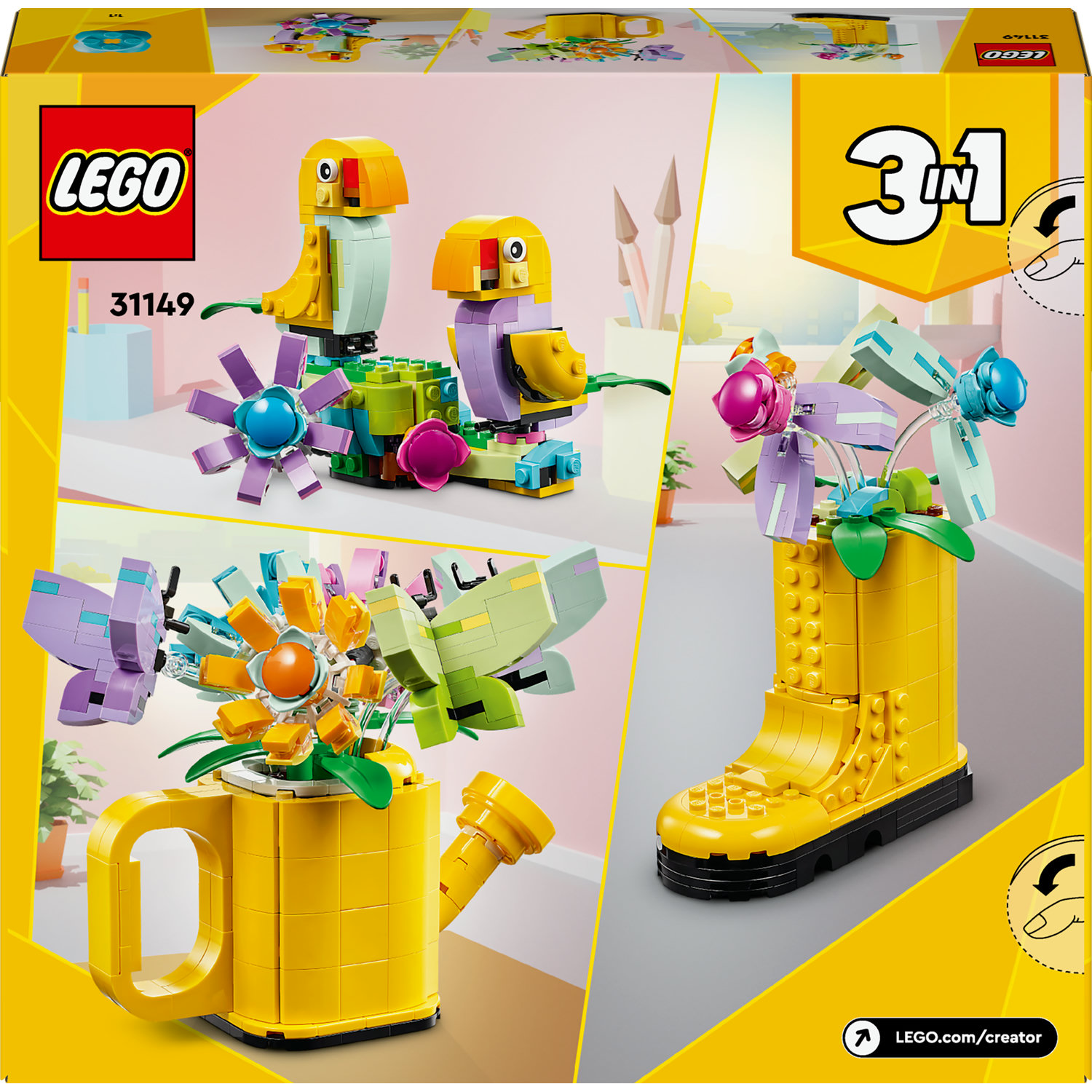 Voir la diapositive 8 : LEGO LEGO Creator 3en1  31149 Les Fleurs dans l’Arrosoir, Jouet pour Enfants, avec Arrosoir, Bouquet de Fleurs et 2 Oiseaux