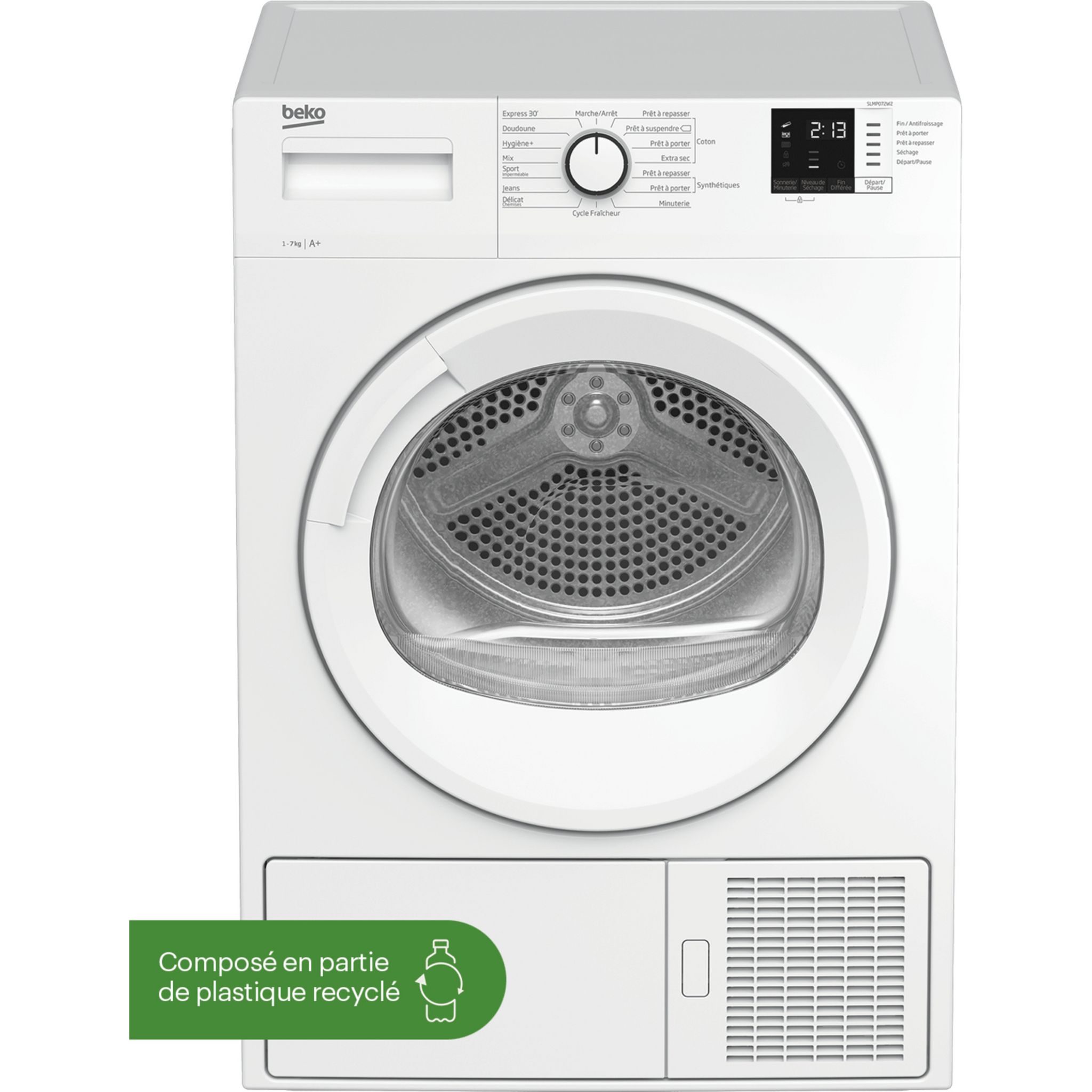 Voir la diapositive 3 : BEKO Sèche linge hublot SLMP072W2, 7 kg, Pompe à chaleur, A+