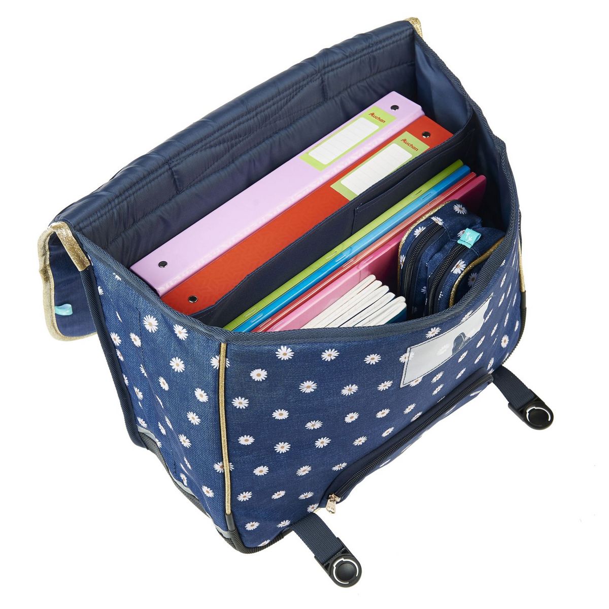 AUCHAN cartable 41 cm bleu fleur