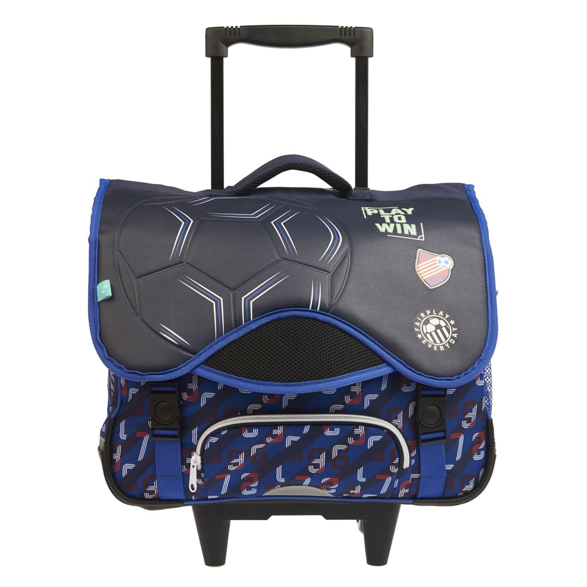 Voir la diapositive 2 : AUCHAN Cartable à roulettes bleu foot