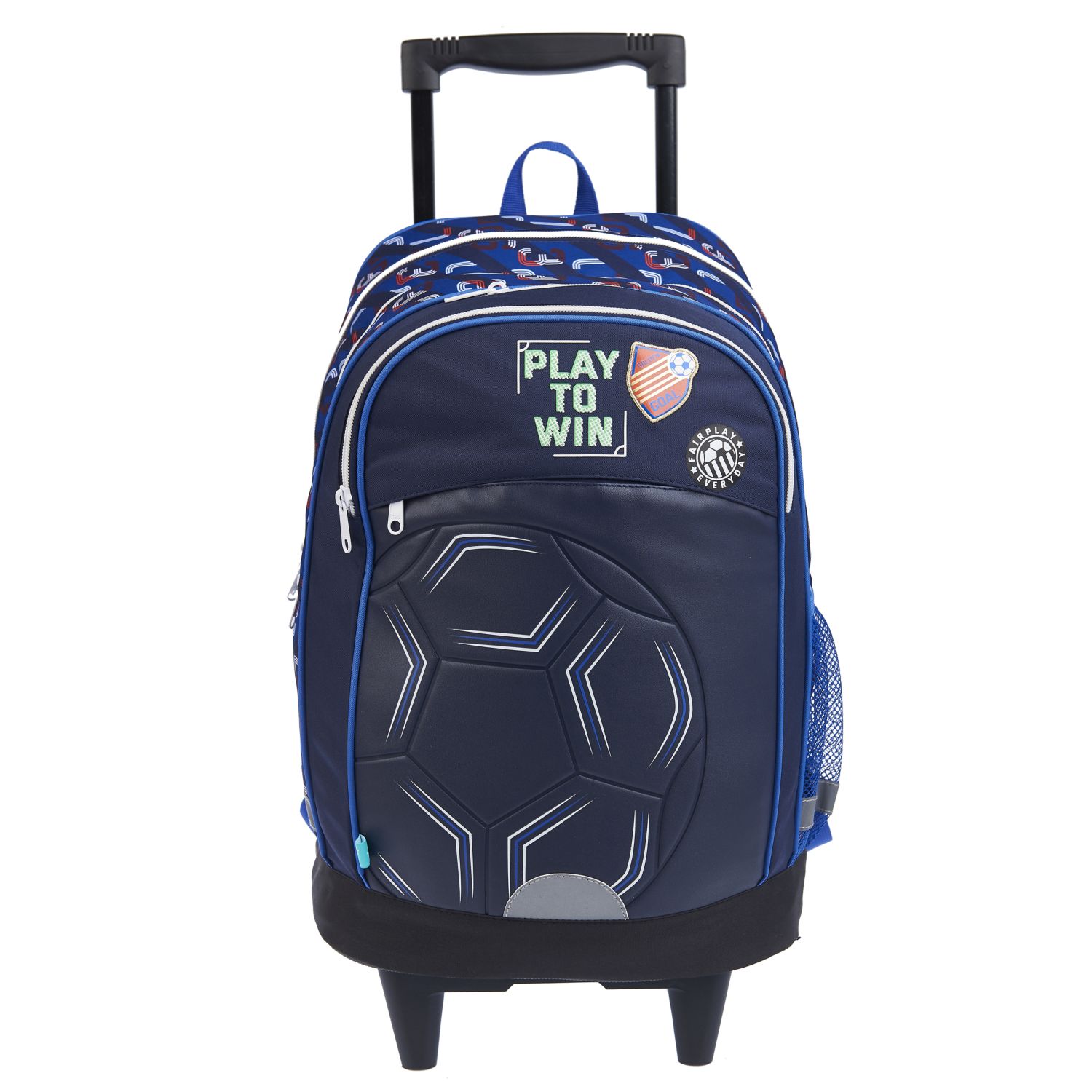 Voir la diapositive 2 : AUCHAN Sac à dos à roulettes bleu foot