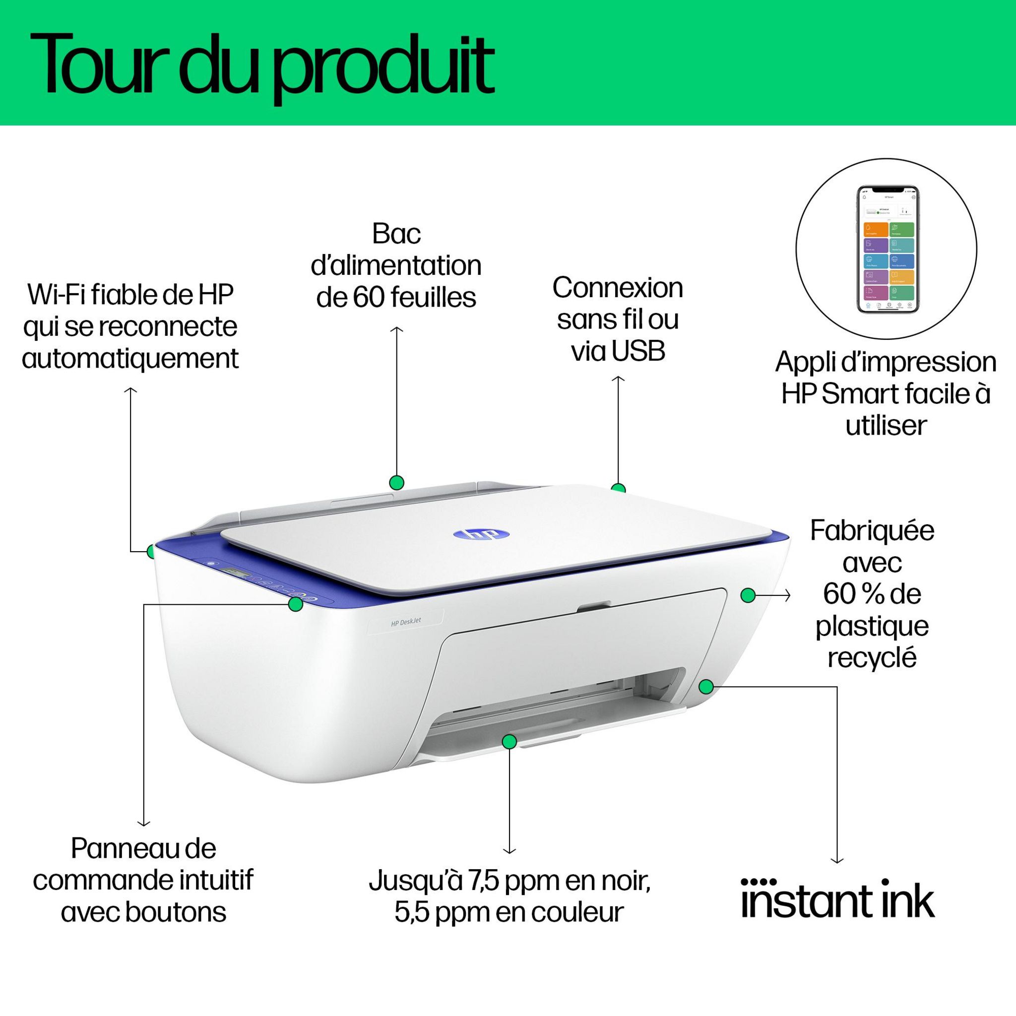Voir la diapositive 4 : HP Imprimante Tout-en-un DESKJET 2821E - 3 mois d' Instant ink inclus avec HP+ - Blanc