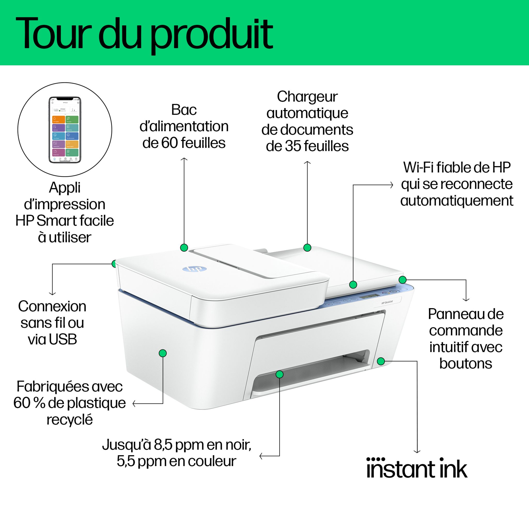 Voir la diapositive 2 : HP Imprimante Tout-en-un DESKJET 4222E - 3 mois d' Instant ink inclus avec HP+