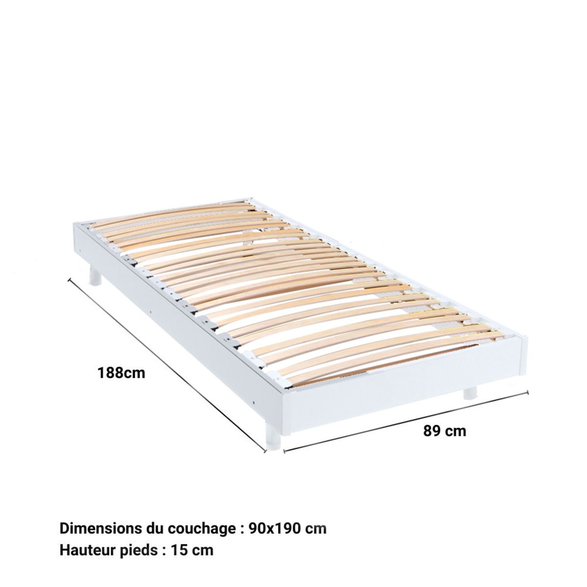 Sommier cadre à lattes sur pieds 90x190 cm 26 lattes  ASCQ