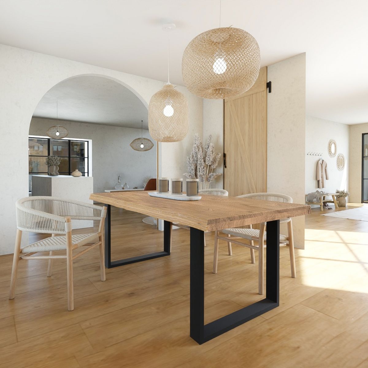 Table à manger 8 personnes en chêne massif finition huilée et pieds métal 200X100 FAUVE