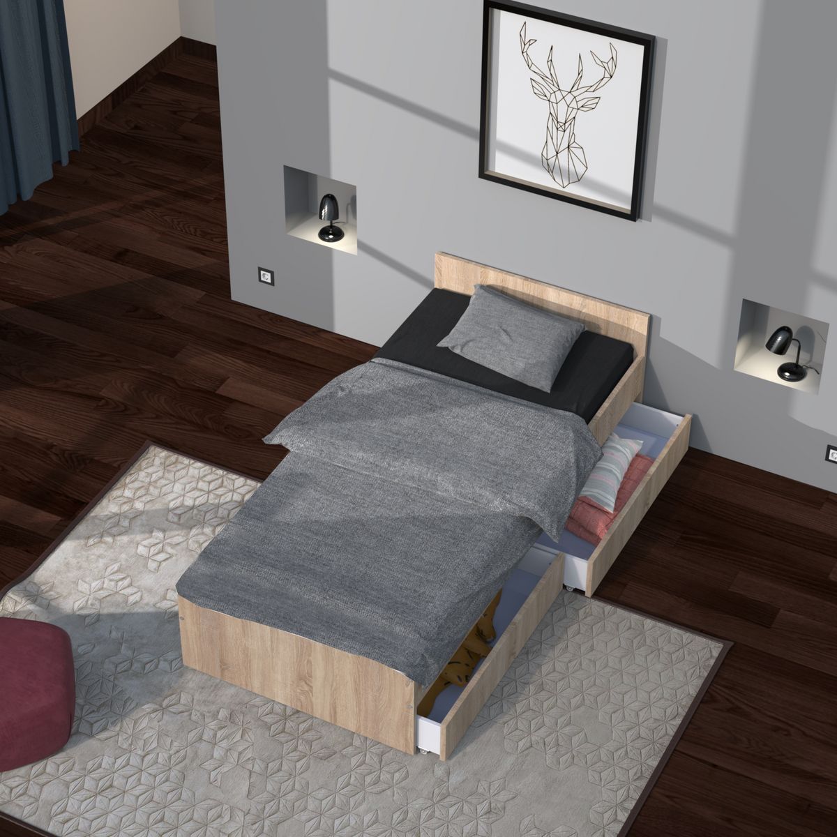 Lit avec rangements 90x190 cm, 2 tiroirs et tête de lit CAMA