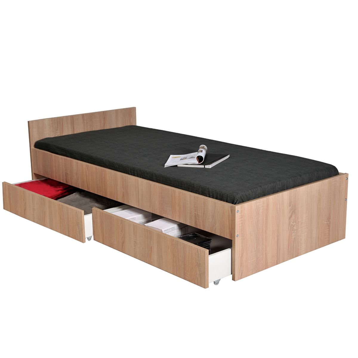 Lit avec rangements 90x190 cm, 2 tiroirs et tête de lit CAMA
