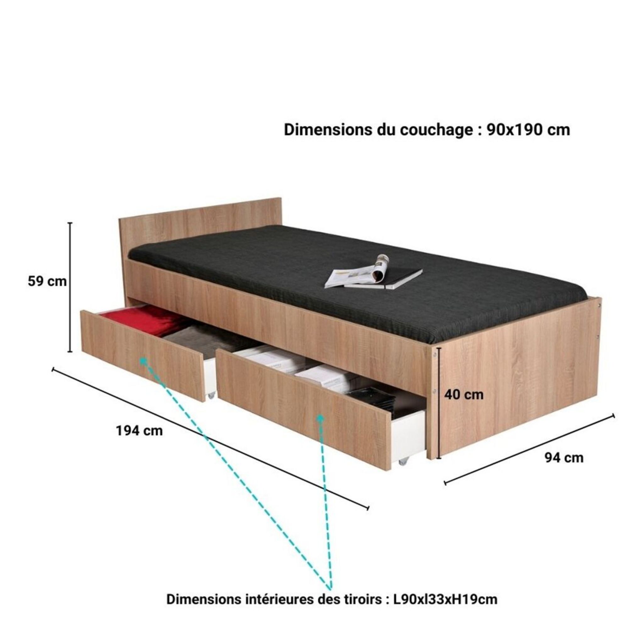 Voir la diapositive 4 : Lit avec rangements 90x190 cm, 2 tiroirs et tête de lit CAMA