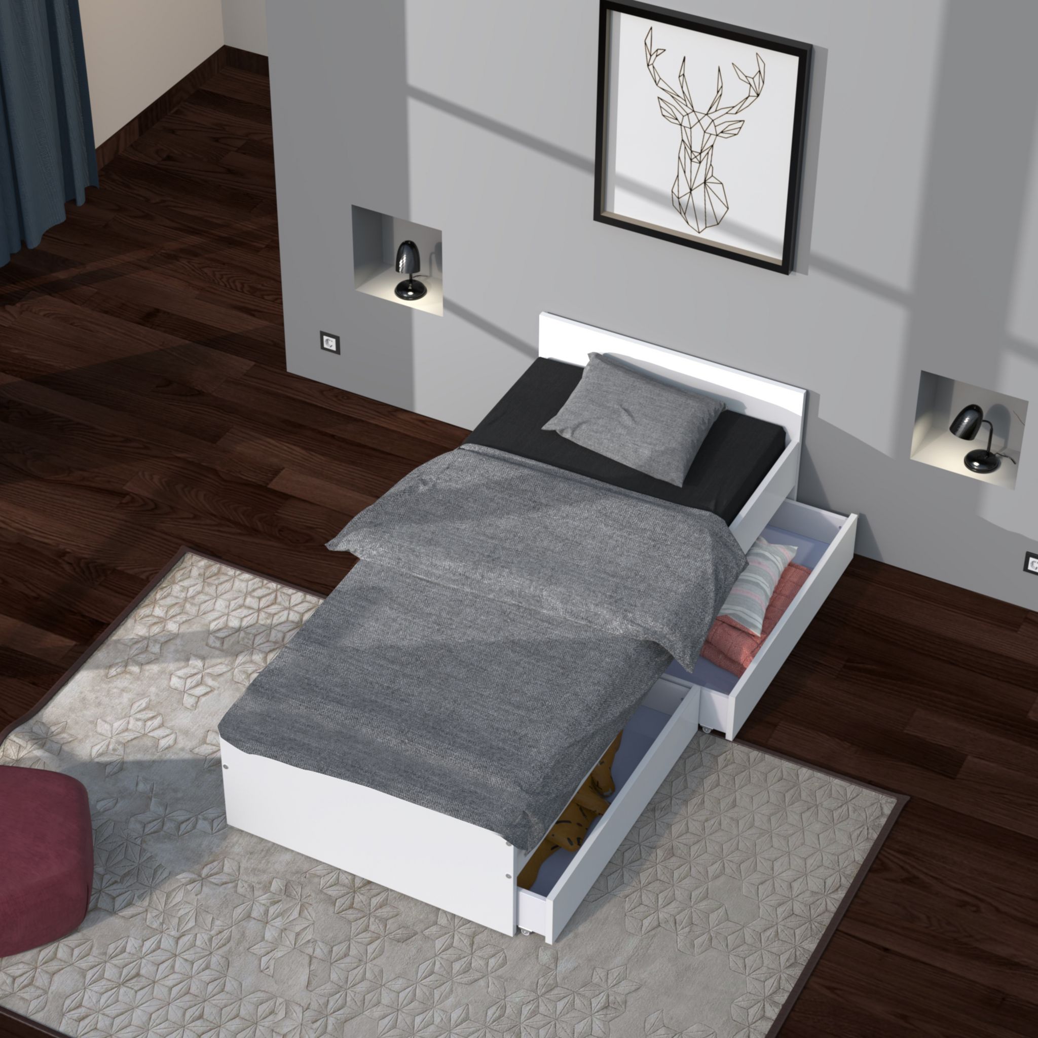 Voir la diapositive 2 : Lit avec rangements 90x190 cm, 2 tiroirs et tête de lit CAMA