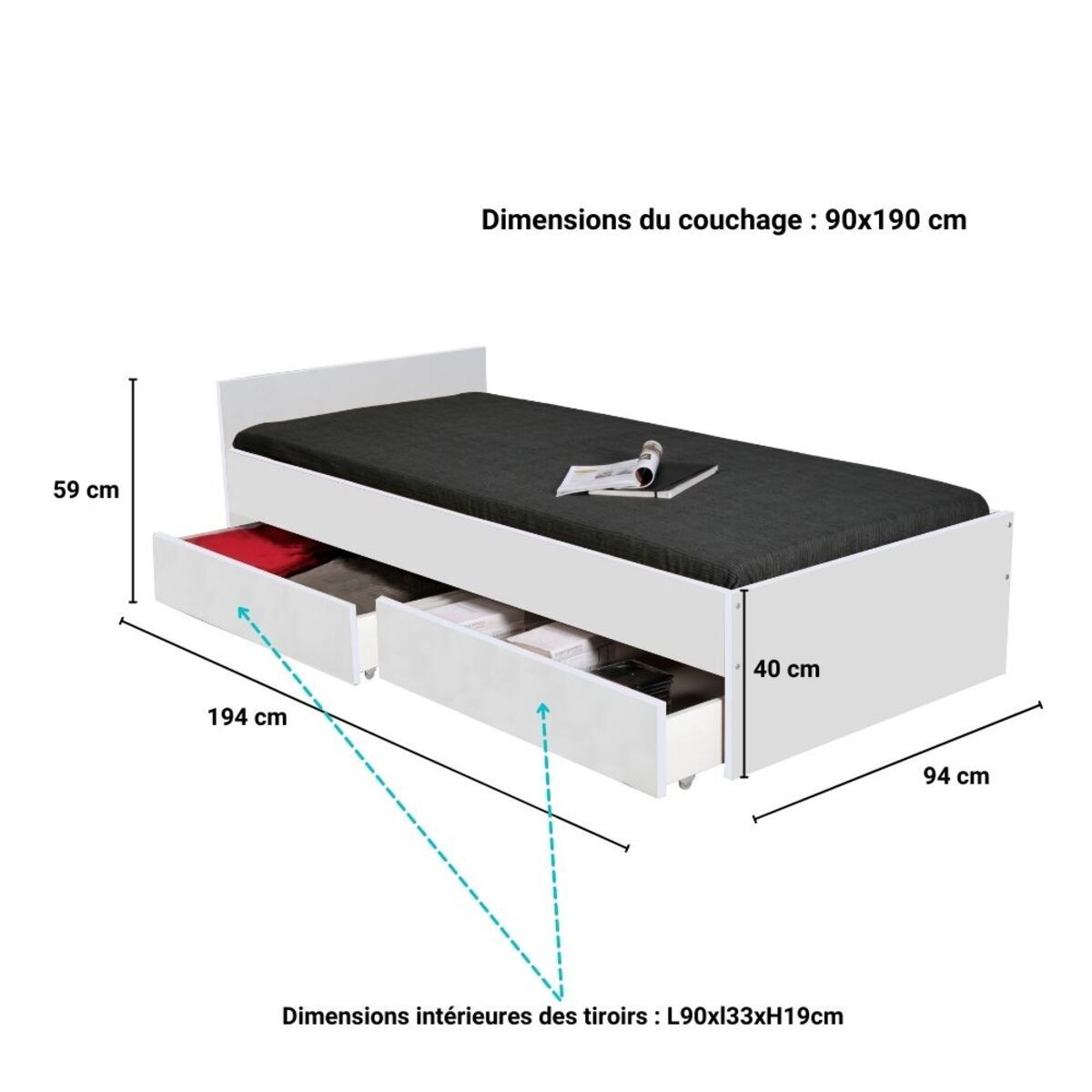 Lit avec rangements 90x190 cm, 2 tiroirs et tête de lit CAMA
