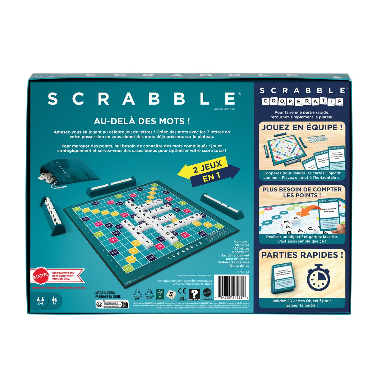 MATTEL GAMES Scrabble Classique 2 En 1 Avec Plateau Réversible - Jeu De Société - 8 Ans Et +