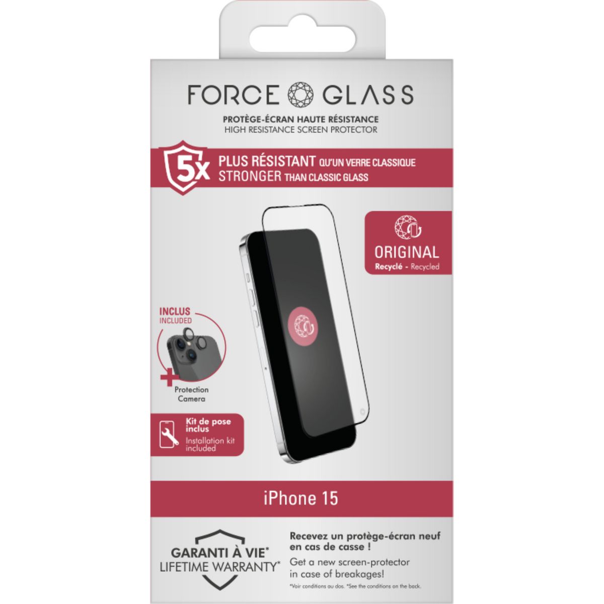 FORCEGLASS Verre trempé + 2 Protections lentilles pour iPhone 15