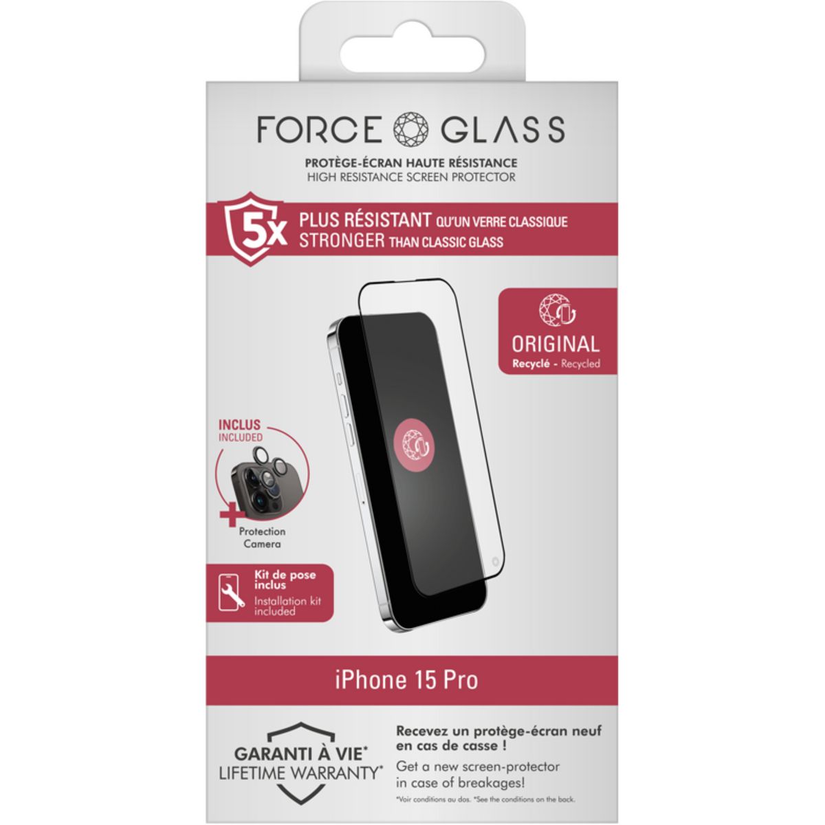 FORCEGLASS Verre trempé + 3 Protection Lentilles pour iPhone 15 Pro