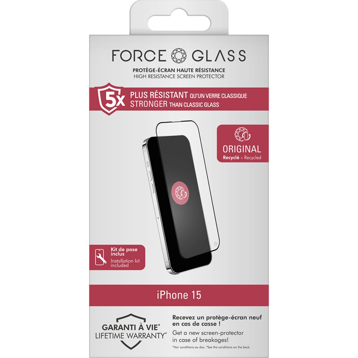FORCEGLASS Verre trempé recyclé pour iPhone 15 - Gris