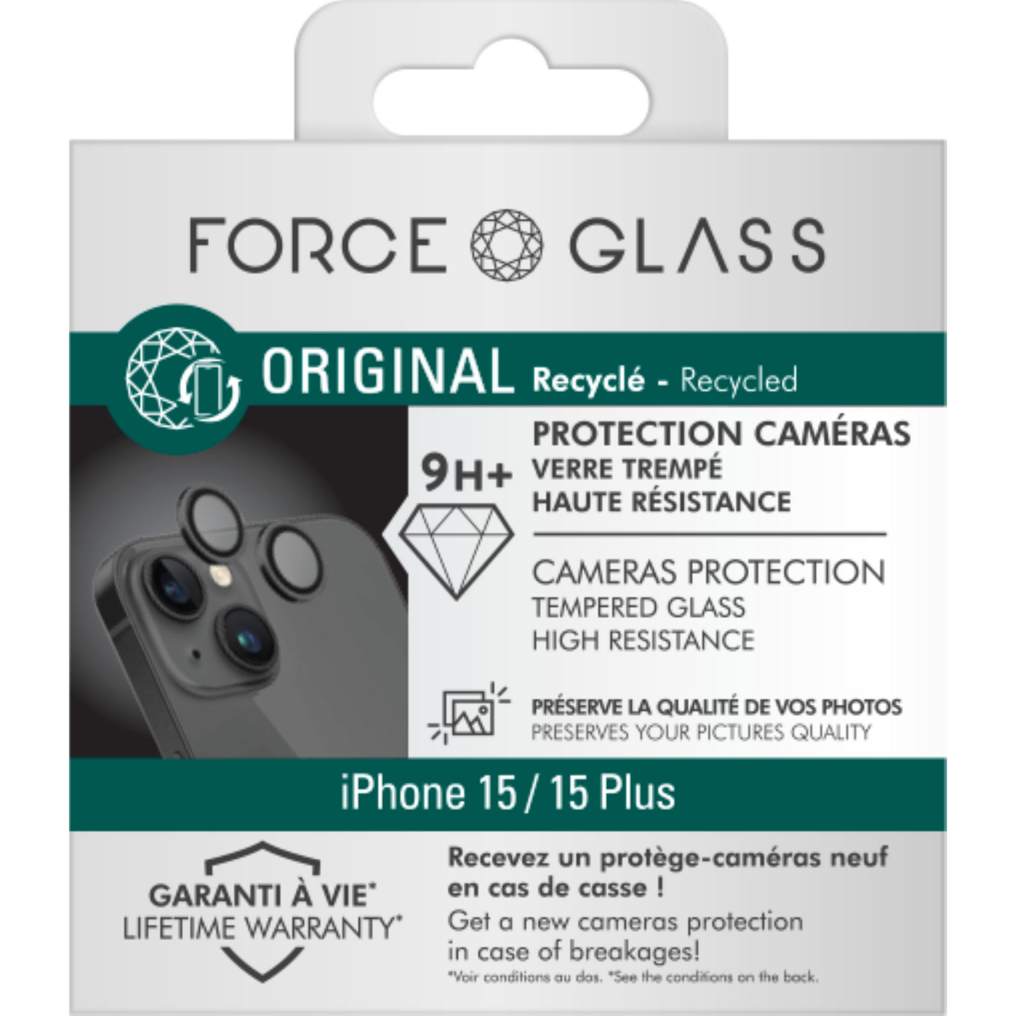Voir la diapositive 2 : FORCEGLASS Verre trempé recyclé Caméra pour iPhone 15/15 Plus x2 - Noir