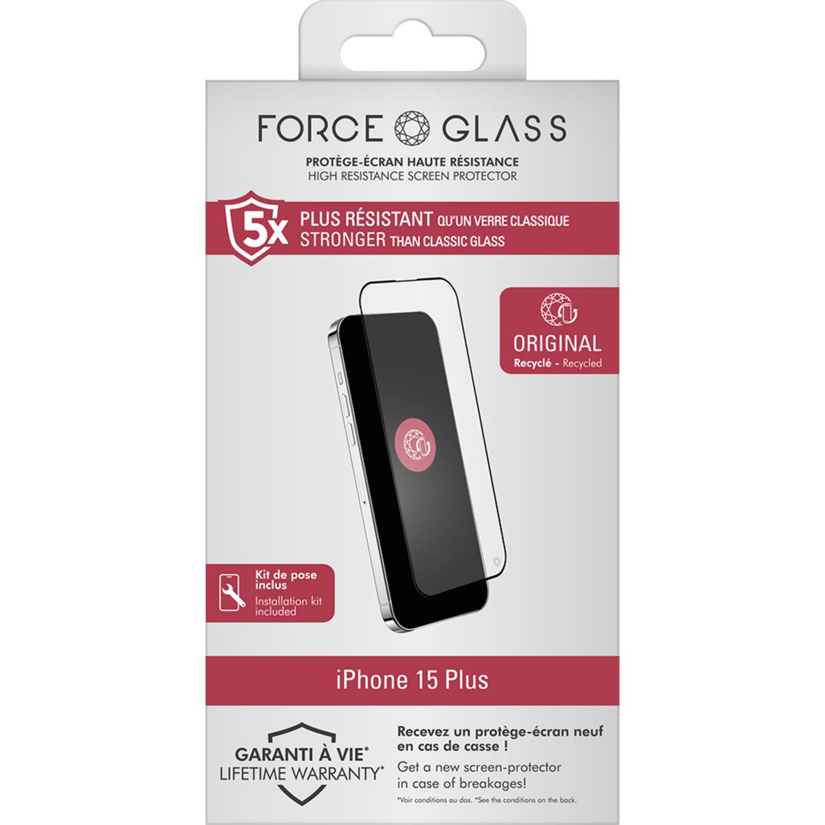 FORCEGLASS Verre trempé recyclé pour iPhone 15 Plus - Gris