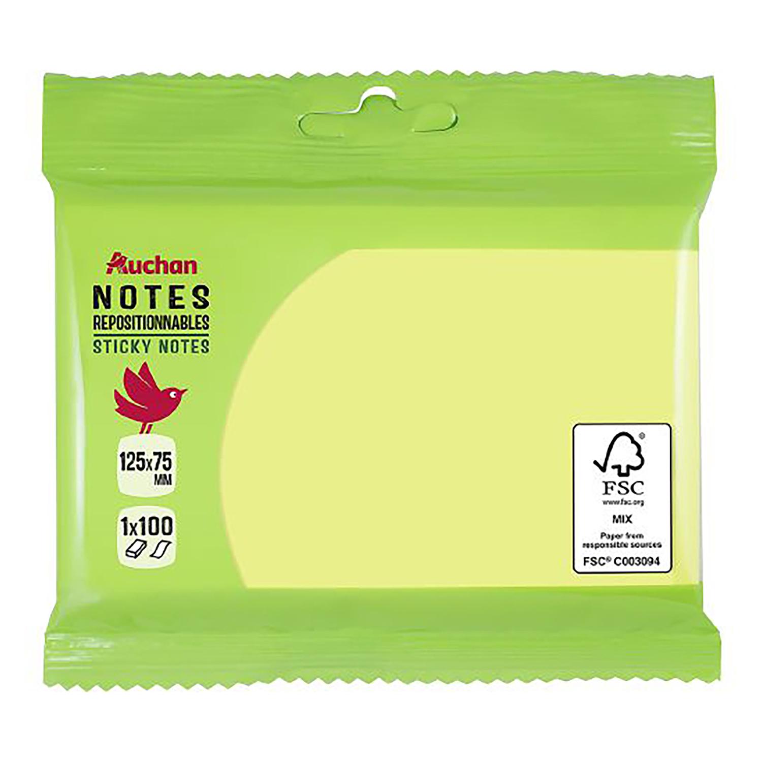 AUCHAN Bloc Note repositionnable x100 125x75mm - Jaune Fluo
