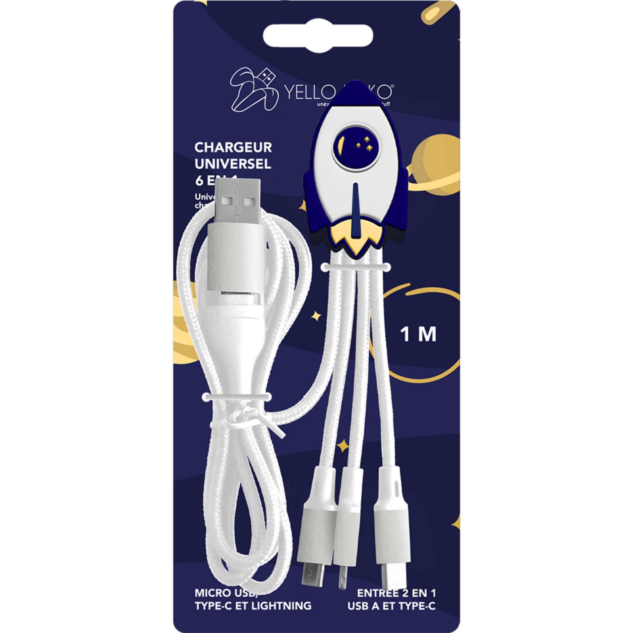 Voir la diapositive 2 : YELLO KOKO Câble USBA / USB C / Micro / Lightning - Fusée