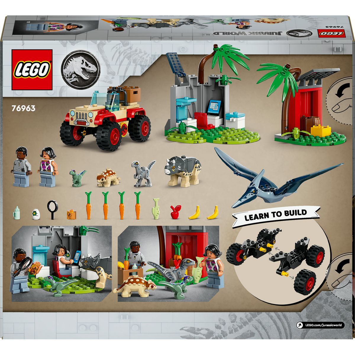 LEGO Jurassic World 76963 Le Centre de Sauvetage des Bébés Dinosaures, Jouet avec Figurines Triceratops et Velociraptor