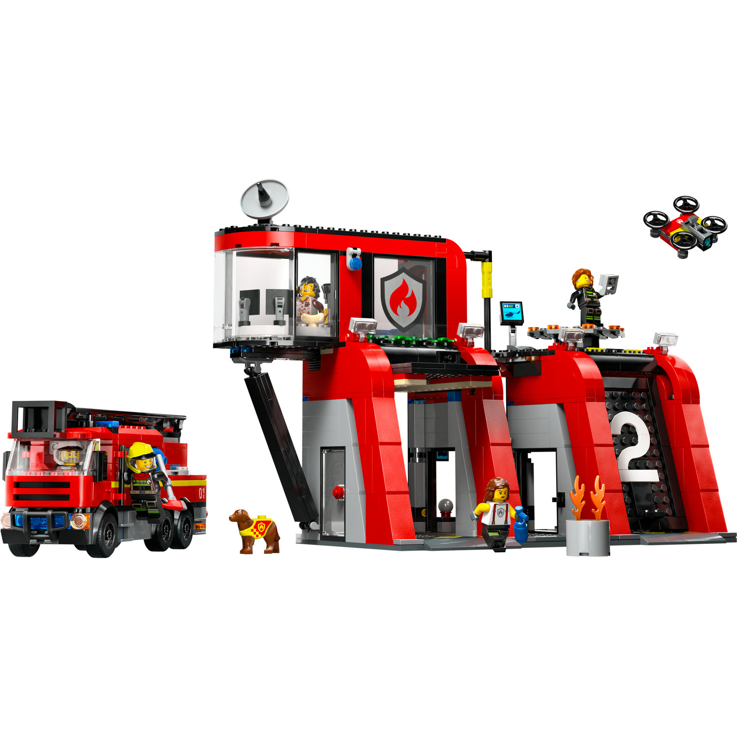 Voir la diapositive 2 : LEGO LEGO 60414 City La Caserne et le Camion de Pompiers, Jouet de Figurine de Chien et 5 Minifigurines, Cadeau Enfants