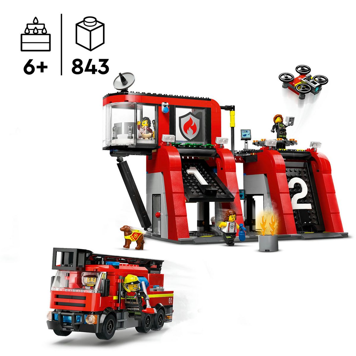 LEGO City 60414 La Caserne et le Camion de Pompiers, Jouet de Figurine de Chien et 5 Minifigurines, Cadeau Enfants