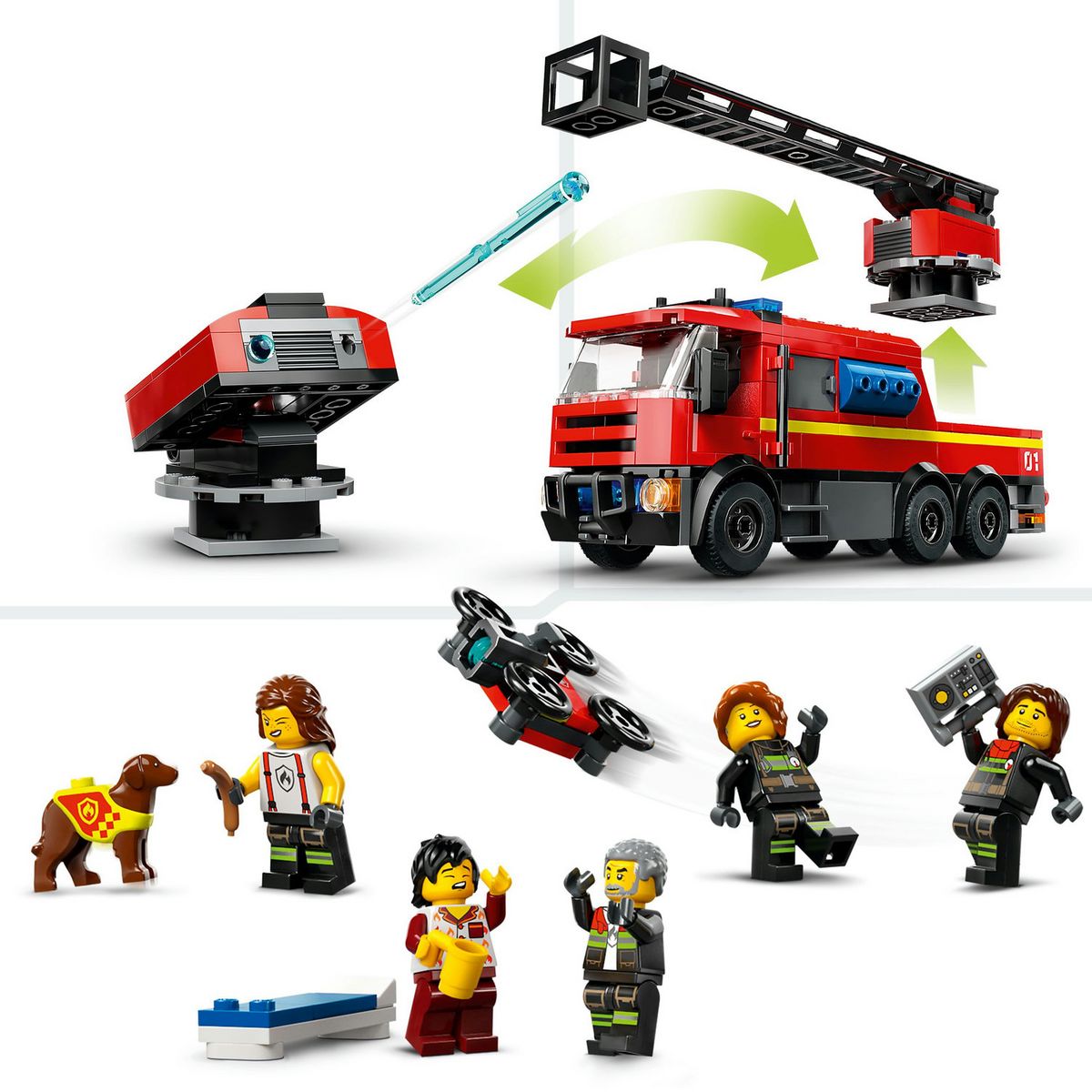 LEGO City 60414 La Caserne et le Camion de Pompiers, Jouet de Figurine de Chien et 5 Minifigurines, Cadeau Enfants