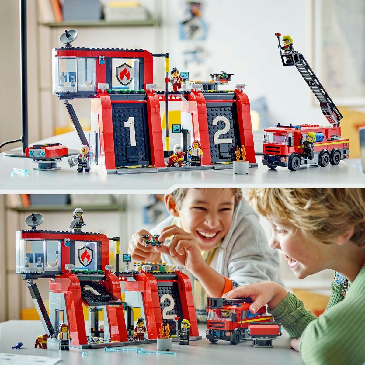 LEGO City 60414 La Caserne et le Camion de Pompiers, Jouet de Figurine de Chien et 5 Minifigurines, Cadeau Enfants