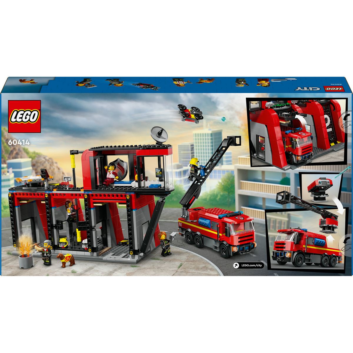 LEGO City 60414 La Caserne et le Camion de Pompiers, Jouet de Figurine de Chien et 5 Minifigurines, Cadeau Enfants