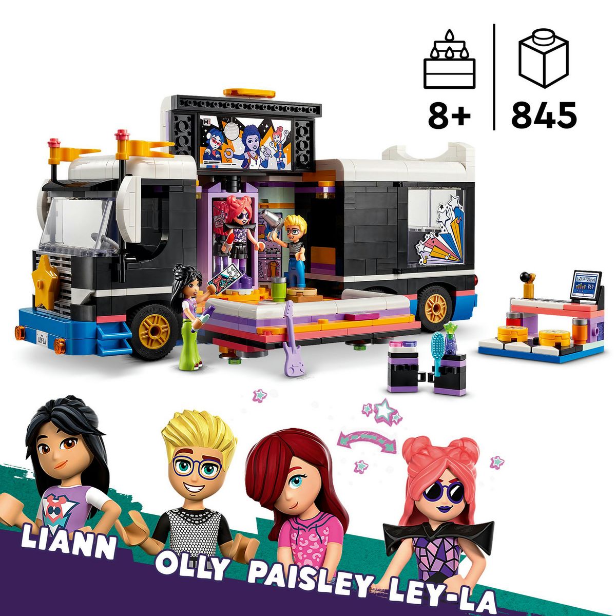 LEGO Friends 42619 Le Tourbus de la Star de la Pop, Jouet Musical avec 4 Mini-Poupées, Cadeau pour Enfants Dès 8 Ans