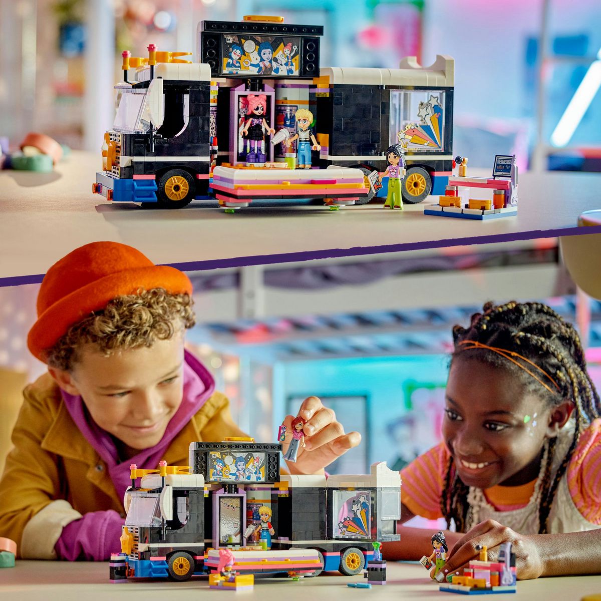 LEGO Friends 42619 Le Tourbus de la Star de la Pop, Jouet Musical avec 4 Mini-Poupées, Cadeau pour Enfants Dès 8 Ans