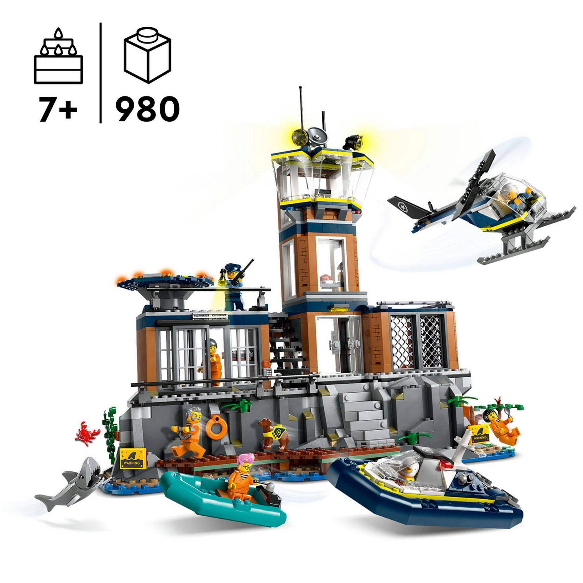 LEGO City 60419 La Prison de la Police en Haute Mer, Jouet avec Hélicoptère et Bateau, 7 Minifigurines et Figurine de Chien