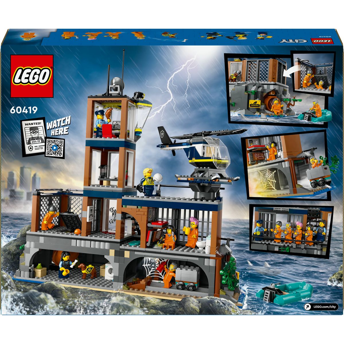 LEGO City 60419 La Prison de la Police en Haute Mer, Jouet avec Hélicoptère et Bateau, 7 Minifigurines et Figurine de Chien
