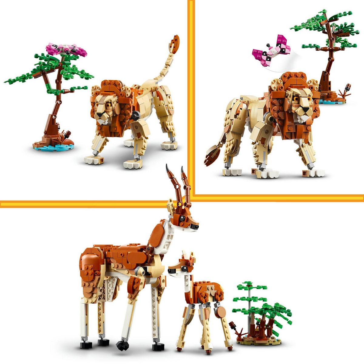 LEGO Creator 3en1 31150 Les Animaux Sauvages du Safari, Jouet avec Figurines d'Animaux, Girafe, Gazelles et Lion