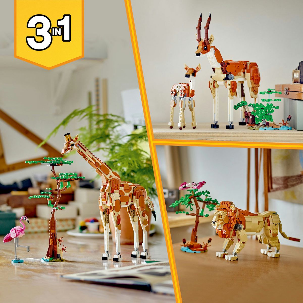LEGO Creator 3en1 31150 Les Animaux Sauvages du Safari, Jouet avec Figurines d'Animaux, Girafe, Gazelles et Lion