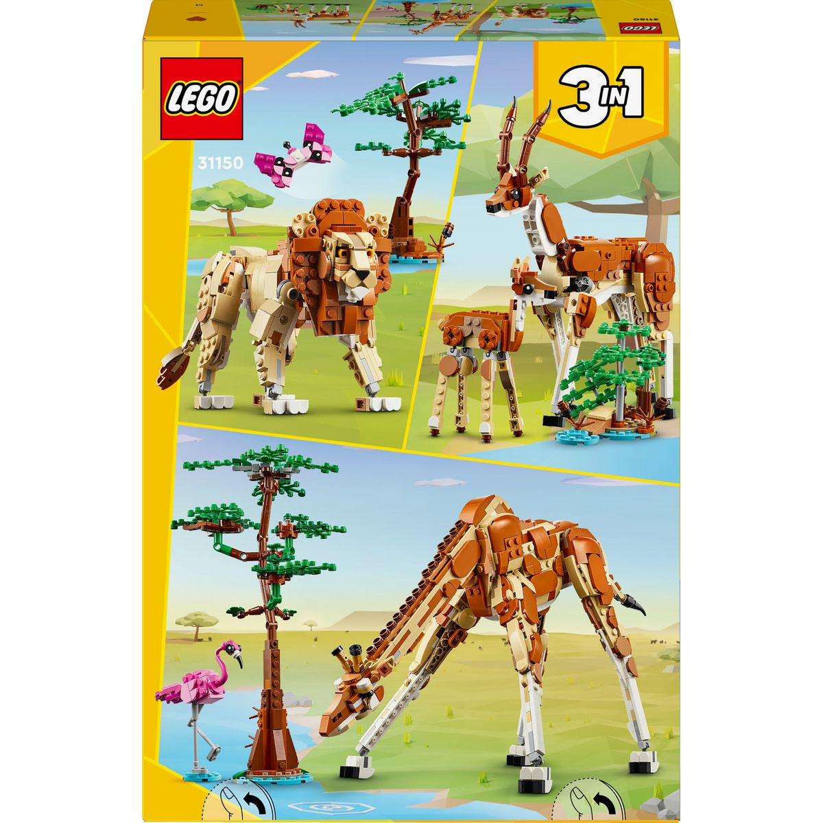LEGO Creator 3en1 31150 Les Animaux Sauvages du Safari, Jouet avec Figurines d'Animaux, Girafe, Gazelles et Lion