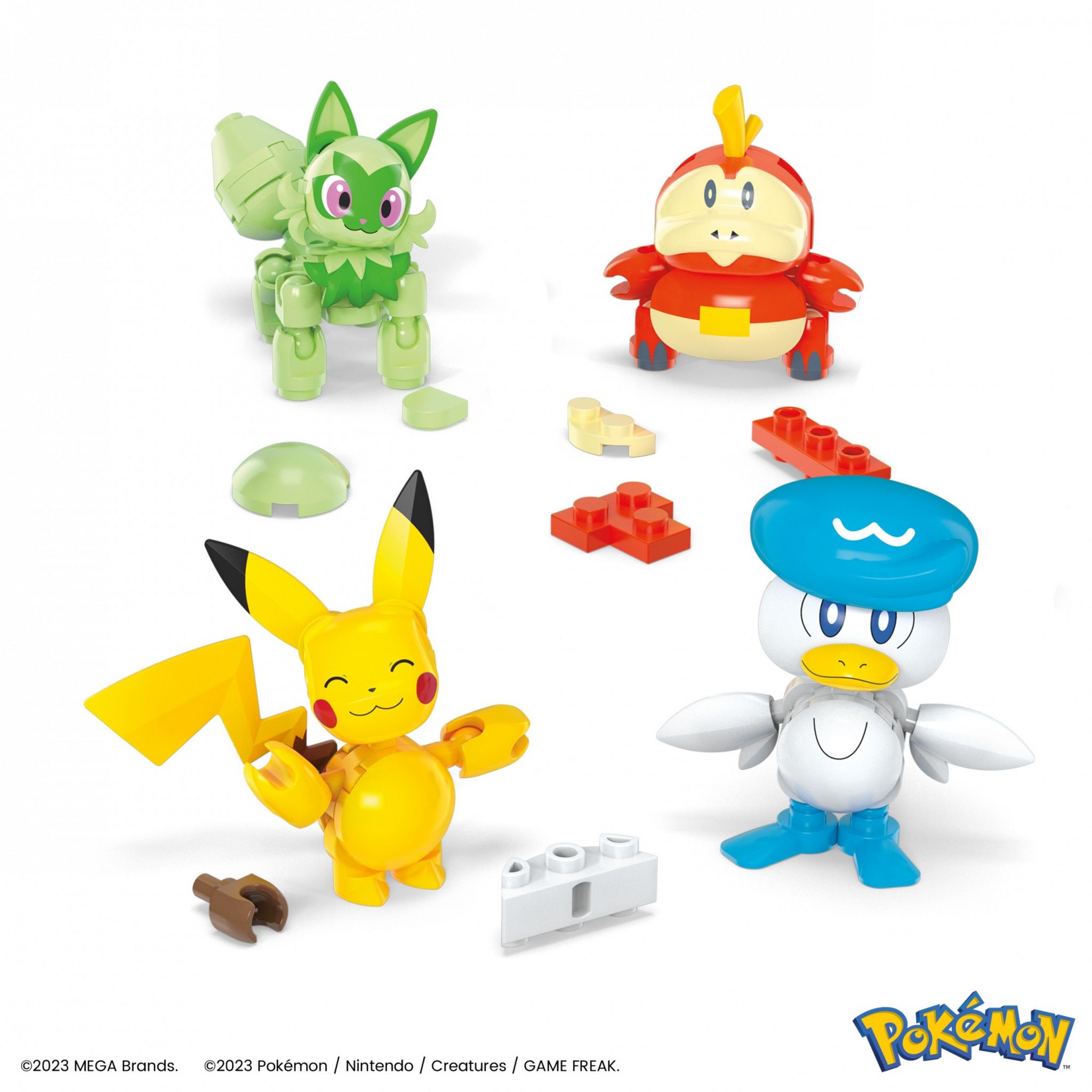 Voir la diapositive 3 : Figurines Pokémon Pikachu, Coiffeton, Poussacha, Chochodile à construire MEGA