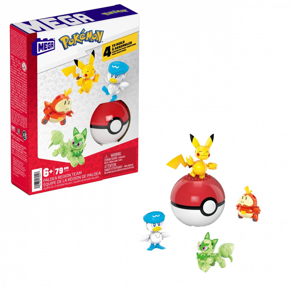 Figurines Pokémon Pikachu, Coiffeton, Poussacha, Chochodile à construire MEGA