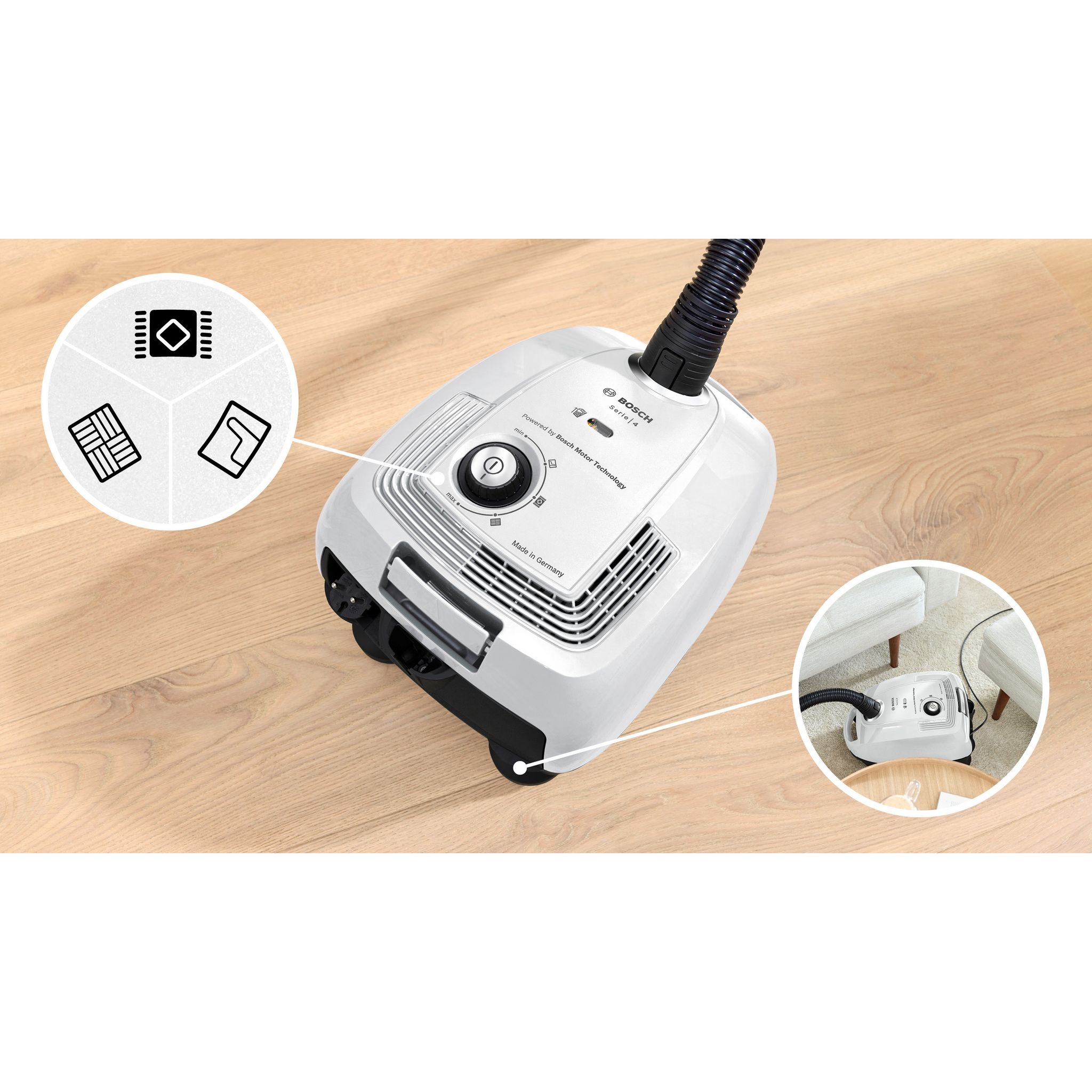 Voir la diapositive 9 : BOSCH Aspirateur traîneau avec sac BGL38WH2 - Blanc