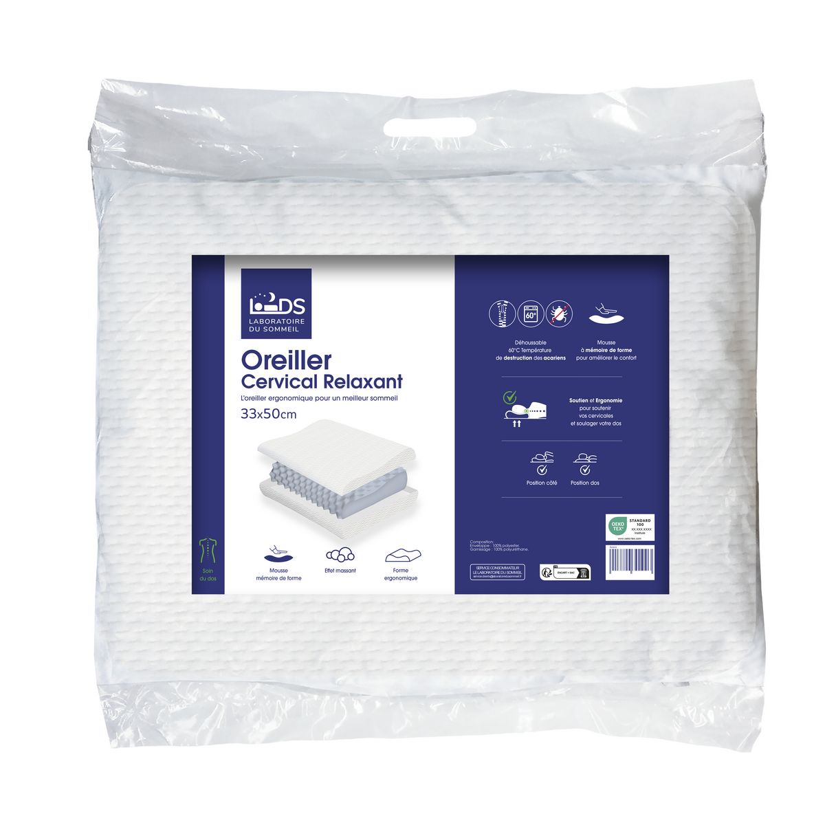 Oreiller ergonomique déhoussable cervicale relaxant anti acariens