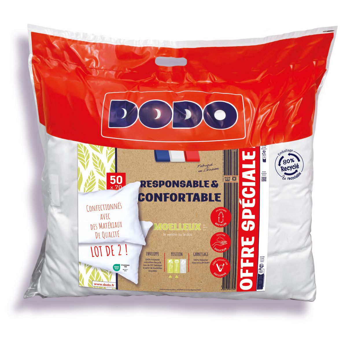 DODO Lot de 2 oreillers confort moelleux en microfibre recyclé RESPONSABLE & CONFORTABLE