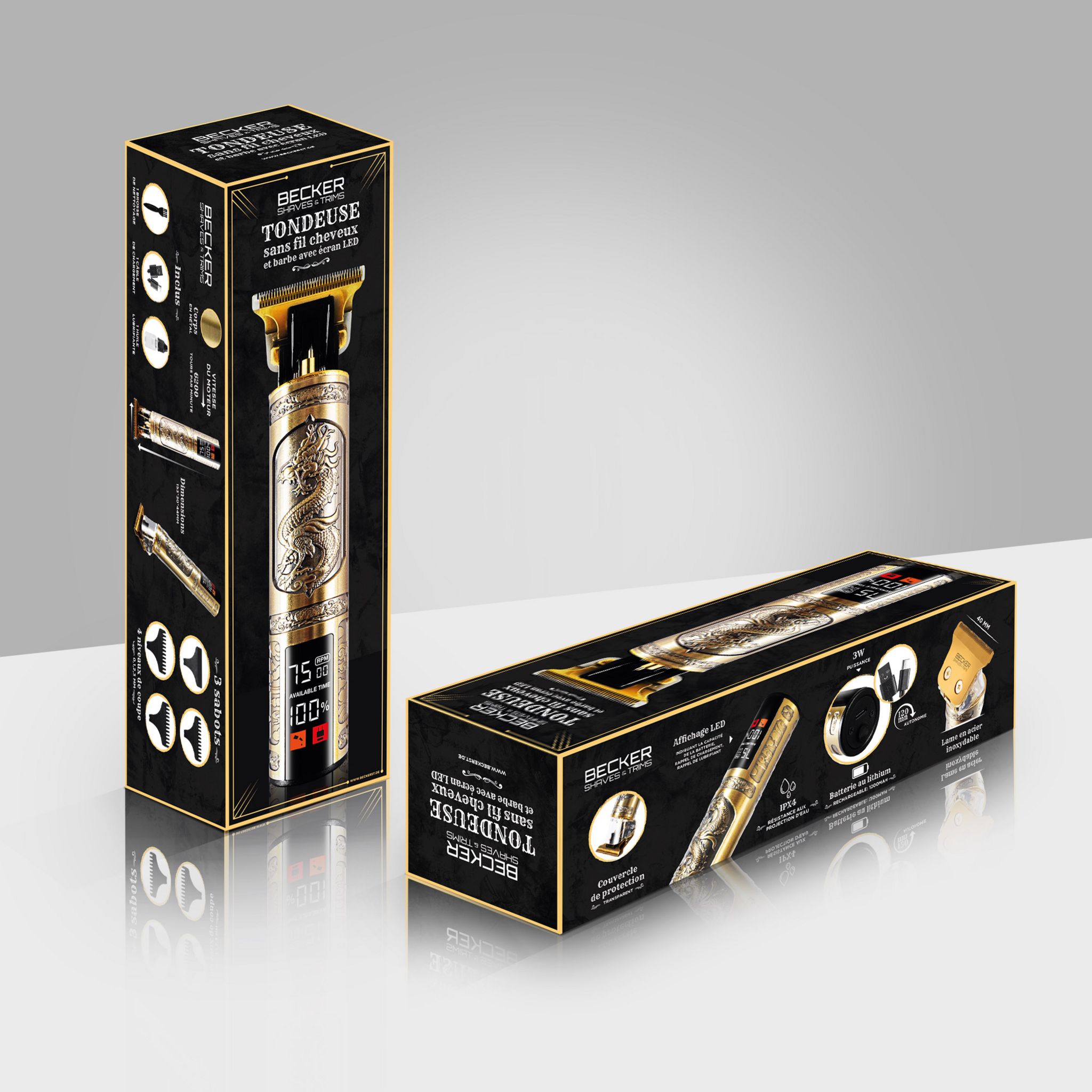 Voir la diapositive 7 : BECKER SHAVES & TRIMS Tondeuse cheveux et barbe DRAGON - Or