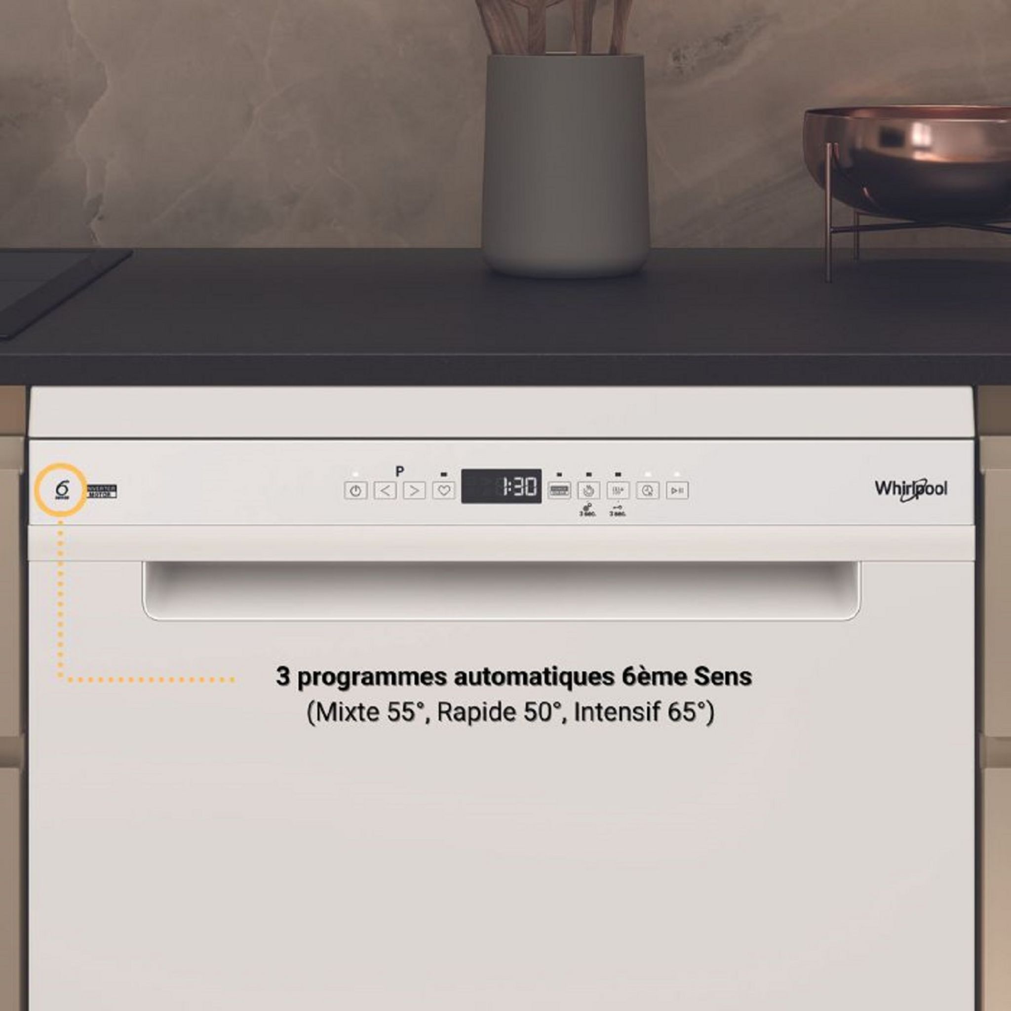 Voir la diapositive 2 : WHIRLPOOL Lave vaisselle pose libre W7FHP33, 60 cm, 15 couverts, 43 dB, 10 programmes, D