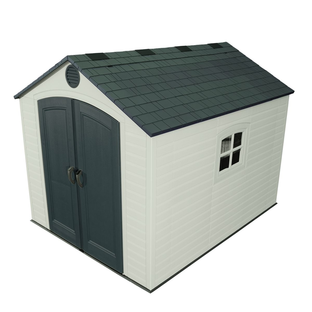 LIFETIME Abri résine PEHD imitation bardage grand volume avec plancher et toit 2 pentes / 7,44 m2