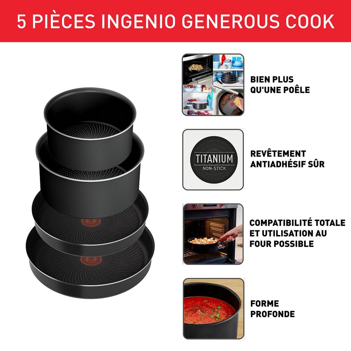 TEFAL Batterie de cuisine 8 pièces tous feux dont induction INGENIO GENEROUS COOK