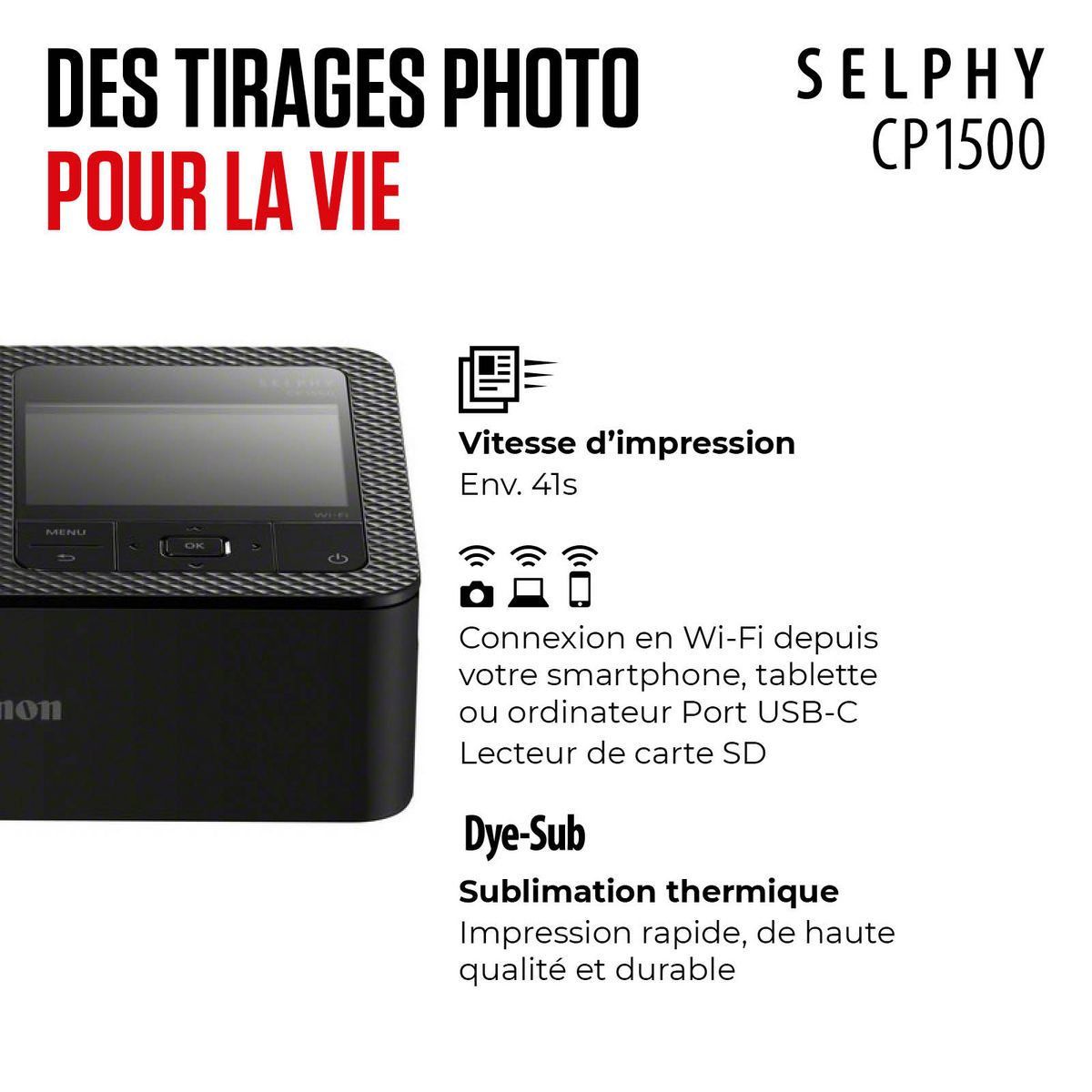 CANON Pack Imprimante photo portable Selphy couleur CP1500 Noir + 54 impressions