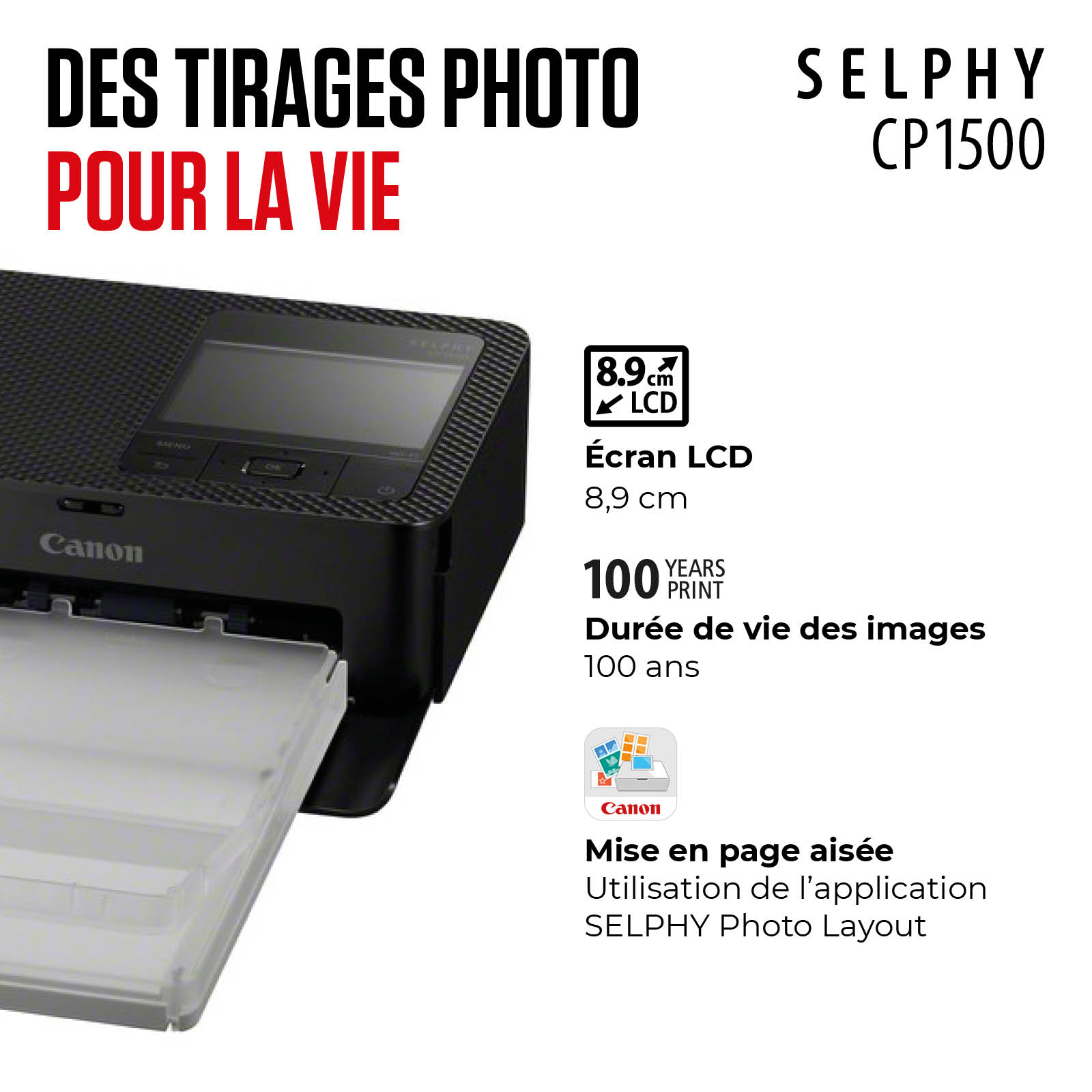 Voir la diapositive 4 : CANON Pack Imprimante photo portable Selphy couleur CP1500 Noir + 54 impressions