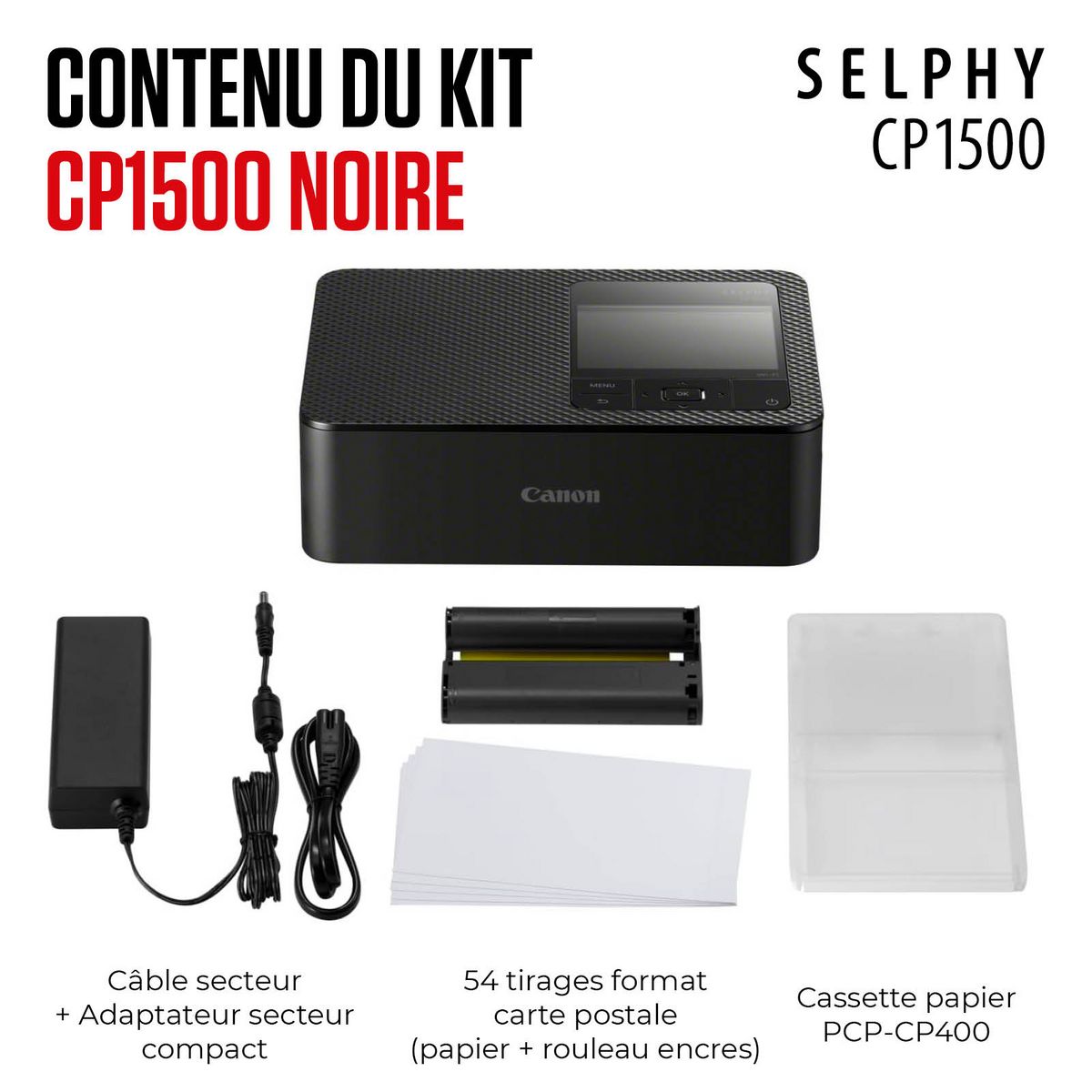CANON Pack Imprimante photo portable Selphy couleur CP1500 Noir + 54 impressions