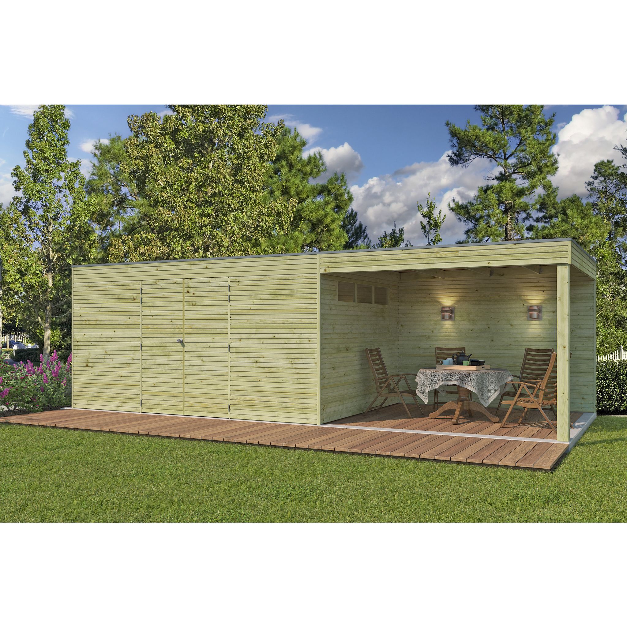 Voir la diapositive 3 : WOODLANDS Abri de jardin en bois QBH2 420X300 + extension 300 - traité autoclave en autoclave - 12m2