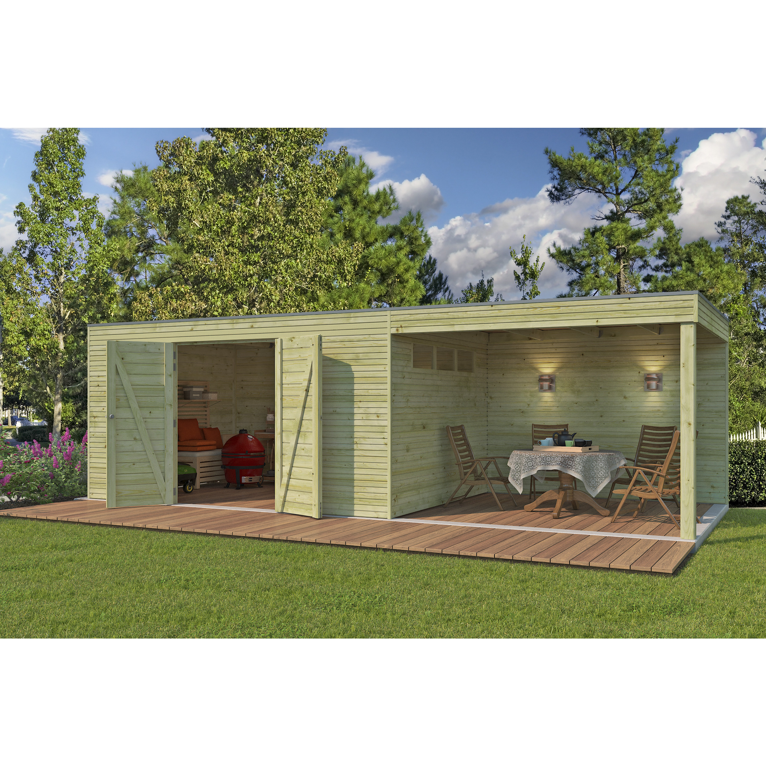 Voir la diapositive 4 : WOODLANDS Abri de jardin en bois QBH2 420X300 + extension 300 - traité autoclave en autoclave - 12m2