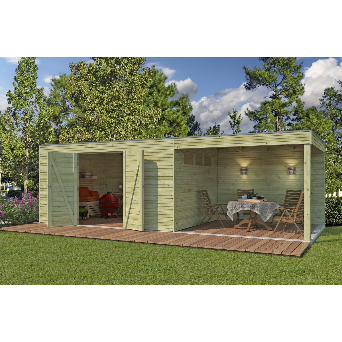 WOODLANDS Abri de jardin en bois QBH2 420X300 + extension 300 - traité autoclave en autoclave - 12m2